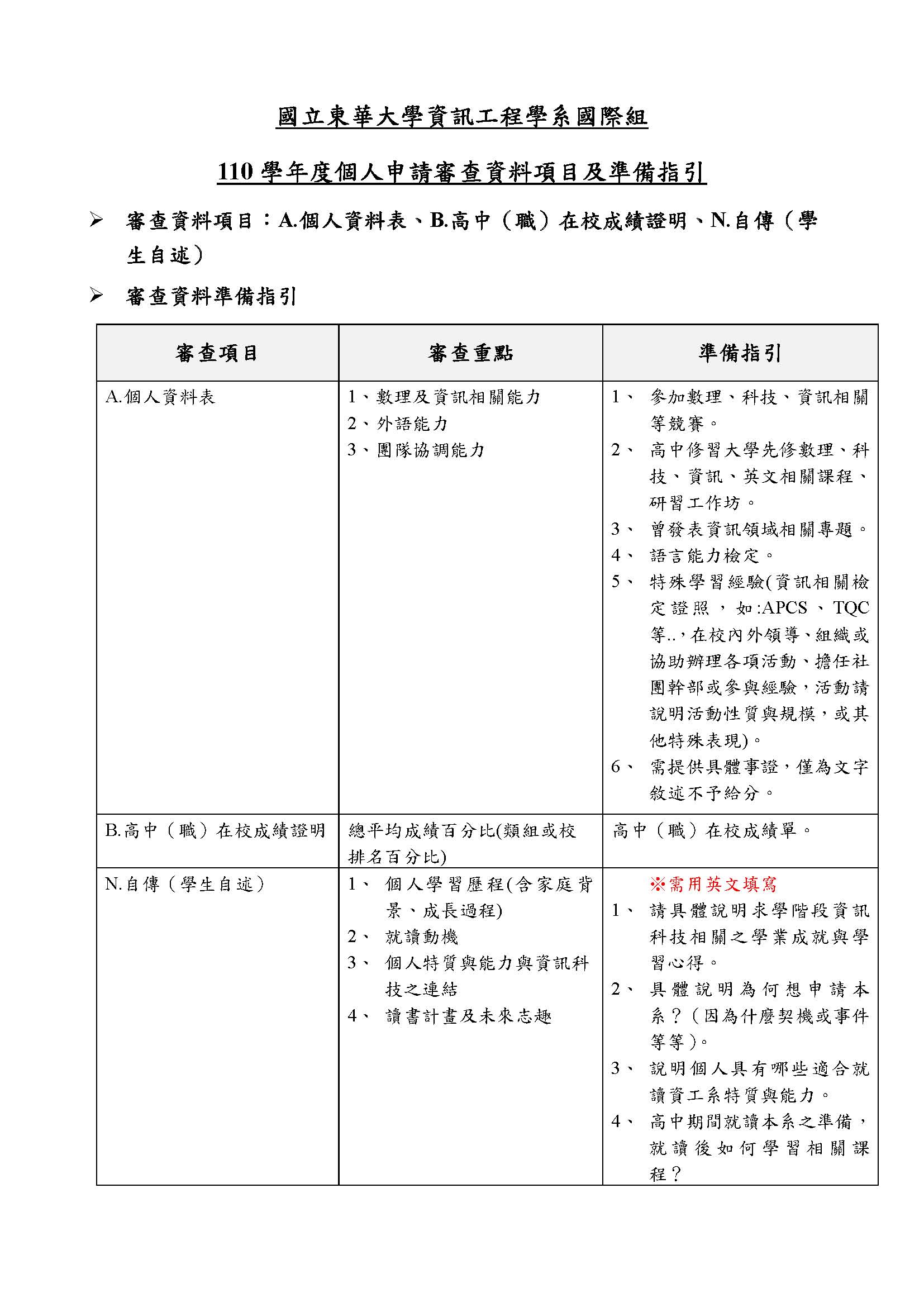 招生資訊 110學年度大學個人申請 審查資料準備項目指引 與個人資料表 國立東華大學資訊工程學系暨研究所